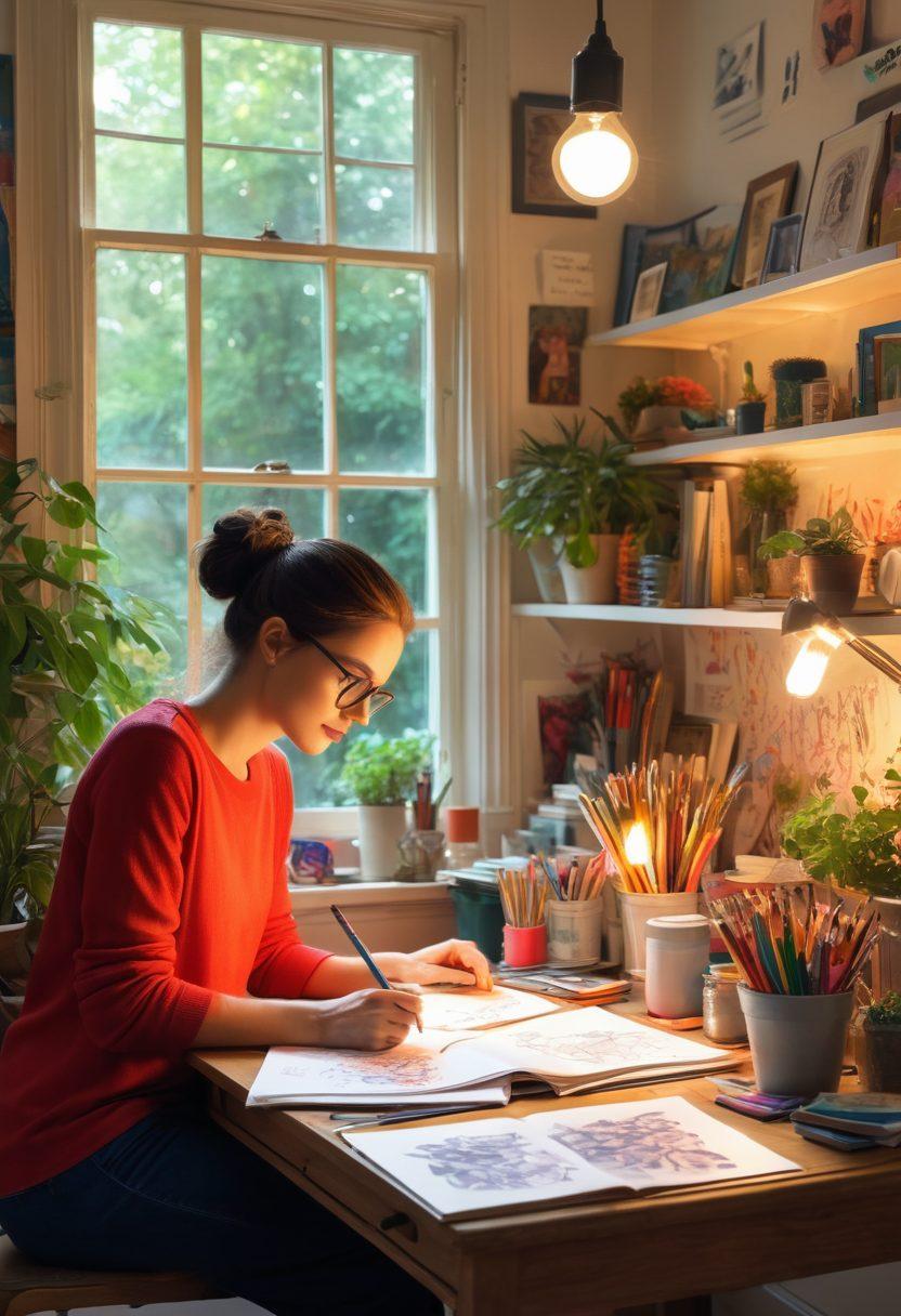 A vibrant scene depicting an artist at a desk, surrounded by colorful sketches, books, and tools of creativity, with a glowing light bulb overhead symbolizing inspiration. In the background, a window reveals a lush garden, indicating growth. The words 'From Passion to Publication' elegantly integrated into the design. The overall composition should exude a sense of creativity, motivation, and potential. super-realistic. vibrant colors. white background.