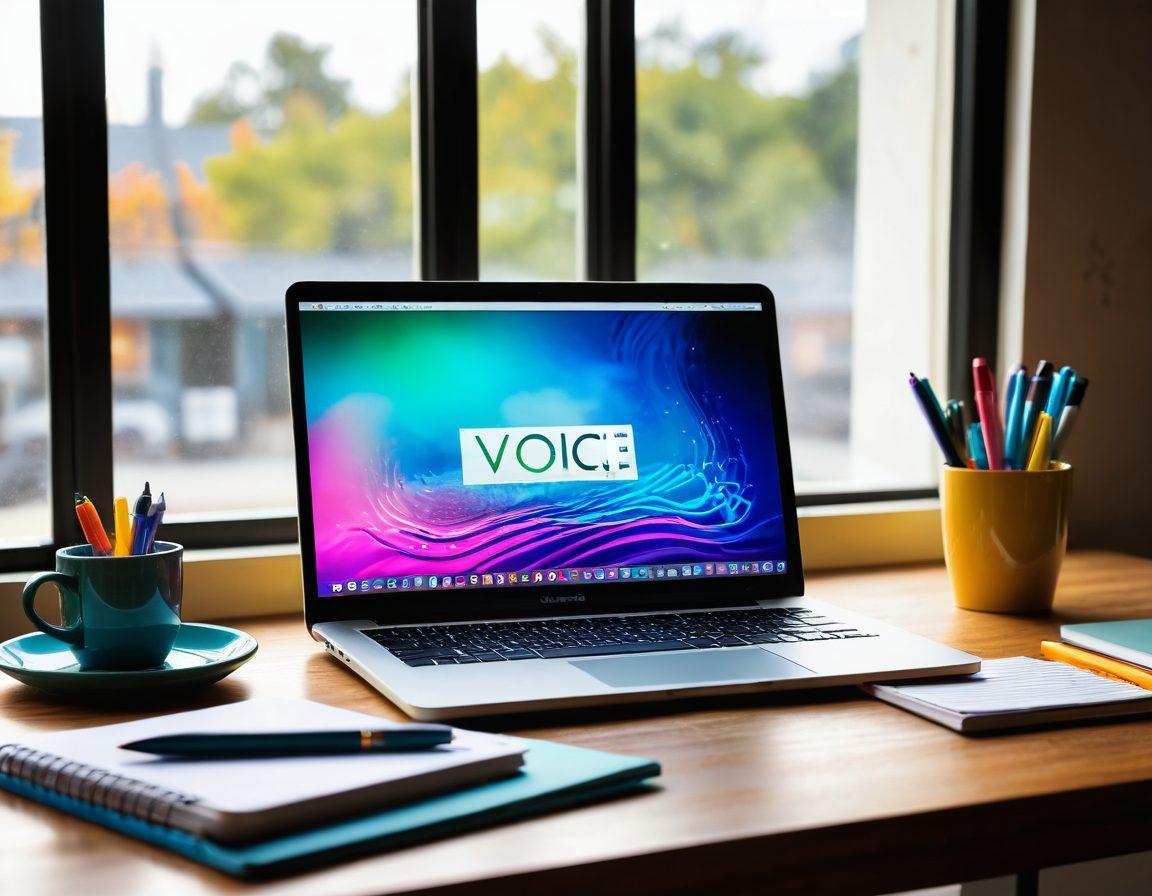 A creative workspace showcasing a vibrant laptop with an open blog website, surrounded by colorful notebooks and pens. Display a glowing microphone symbolizing the concept of 'voice', with sound waves visualizing ideas. In the background, a serene coffee cup is steaming next to a window with sunlight pouring in. Bright and inviting colors. super-realistic. vibrant colors.